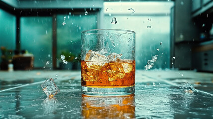 A vibrant close-up of a glass filled with whiskey and ice, capturing splashes of water in a lively, modern kitchen setting.