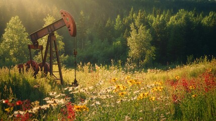 Rusty old oil pump jack in a meadow, nature reclaiming the machine, vibrant wildflowers, sunlit scene