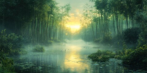 Obraz premium A misty forest river at sunrise.