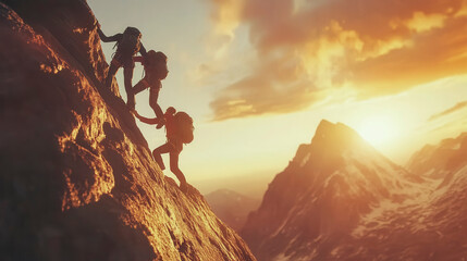Three climbers ascend a rocky mountain terrain at sunset with dramatic skies and vibrant colors illuminating the scene