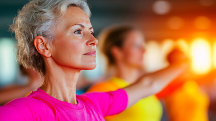 Fototapeta premium A woman in a pink shirt is doing yoga with a group of people.