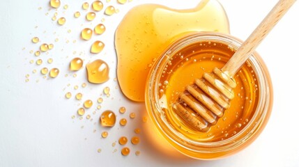 Glass jar full of honey and splash of honey with wooden dipper on white background