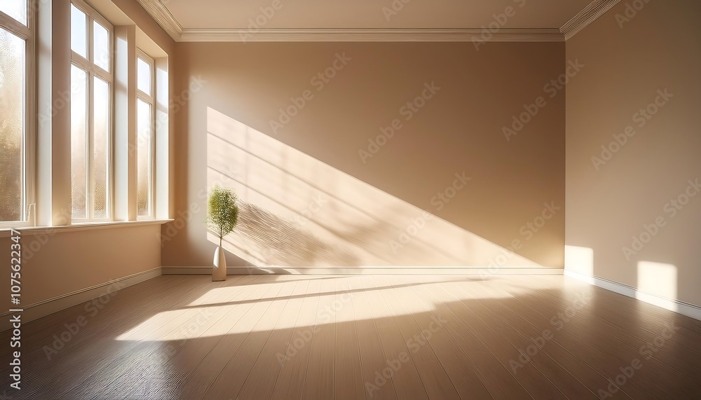 Poster soft light shines through a window onto a beige wall, casting long shadows and illuminating_1(1672)