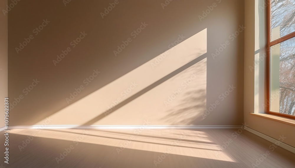 Poster soft light shines through a window onto a beige wall, casting long shadows and illuminating_1(1670)
