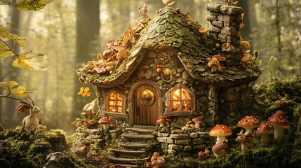Fototapeta premium Enchanted elf toy house with mini mushrooms and leaf roof, surrounded by woodland creatures, earthy forest background