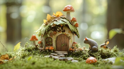 Enchanted elf toy house with mini mushrooms and leaf roof, surrounded by woodland creatures, earthy forest background