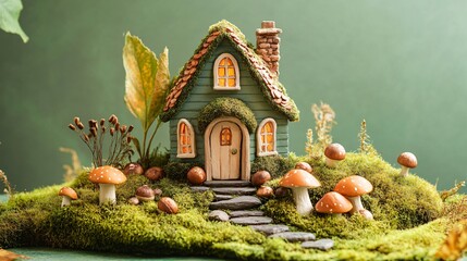 Fototapeta premium Enchanted forest cottage toy house with moss accents, surrounded by mushrooms and acorns, earthy green backdrop