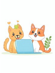 Obraz premium Kittens and puppies enjoy playtime together near a laptop in a cozy nursery