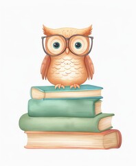 Owl with glasses sits comfortably on books stack watercolor illustration