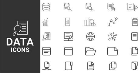 Data analysis line icons set. Containing database, statistics, analytics, server, monitoring, computing and network icons.  data business outline icons with editable stroke collection