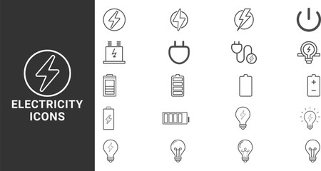 Electricity line icons set. related to energy, electrical energy, electricity. Outline icon collection Editable stroke