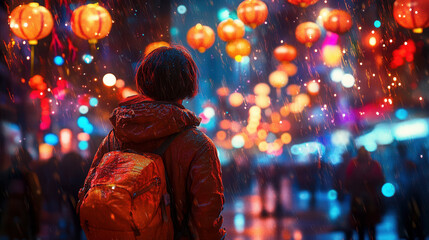 A person admiring vibrant lanterns glowing in the rain during a festive evening in a city filled with colorful decorations