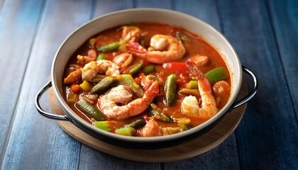 Fototapeta premium Shrimp, crab, andouille sausage, and okra are combined in a hearty seafood gumbo served ste_1(1609)