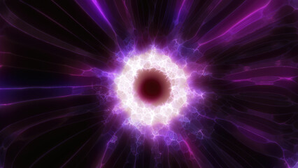 A mesmerizing burst of neon pink and blue light rays converging at a bright core in dynamic energy futuristic sci-fi or technology-related tunnel effect