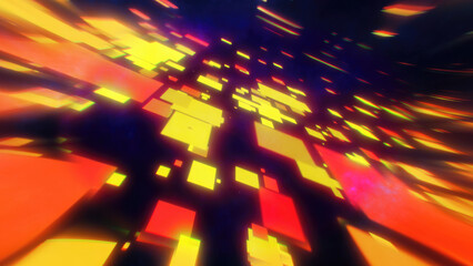 A vibrant fast-moving glowing orange and yellow squares of energy and motion for digital acceleration, technology, and innovation © Bolbik