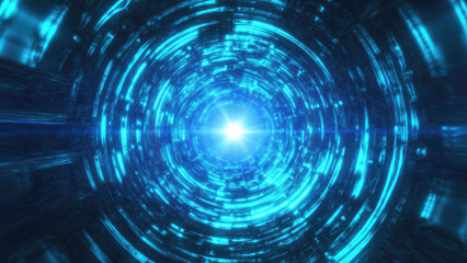 A futuristic tunnel with blue light radiating from the center, giving a cyberpunk and high-tech ambiance with glowing, circular energy waves background