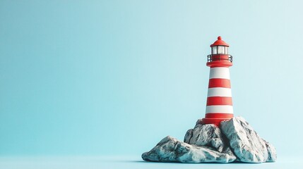 Tiny lighthouse toy house with rocky base, seaside theme, isolated on a pastel blue background