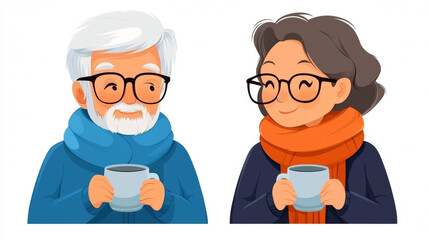 Fototapeta premium Smiling senior couple holding mugs of hot beverage, enjoying a warm drink together.