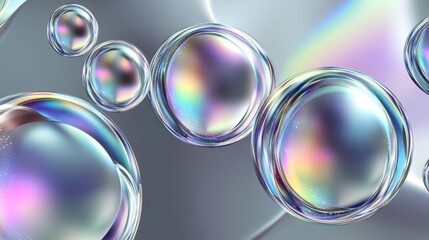 Vibrant translucent bubbles with shimmering reflections against a soft gray background, creating a dreamy atmosphere.