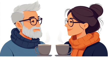 Fototapeta premium An older man and woman share a warm drink, looking at each other with smiles.