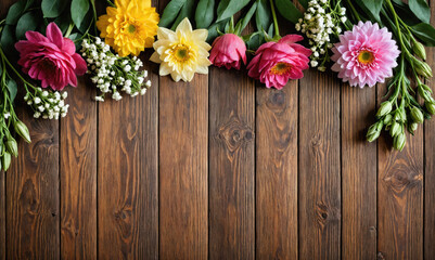 Pink, yellow, and white flowers lay on a wooden surface