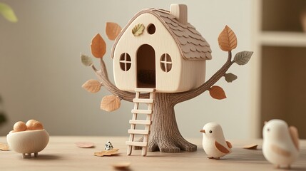 Naklejka premium Whimsical treehouse toy with tiny ladders and leaf accents, woodland creatures scattered around, soft earth-toned background