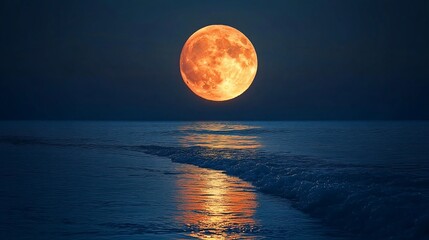 A full, bright, orange moon shines over a calm ocean at night.
