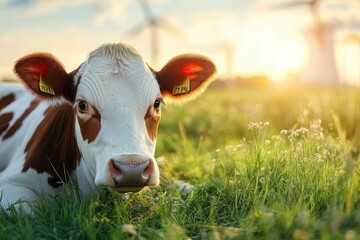 A curious calf resting in the green pasture during sunset with wind turbines in the background