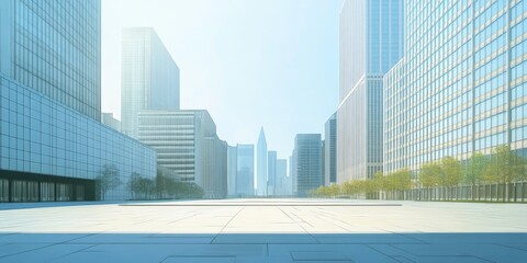 Minimalist urban plaza with tall glass buildings under a bright sky