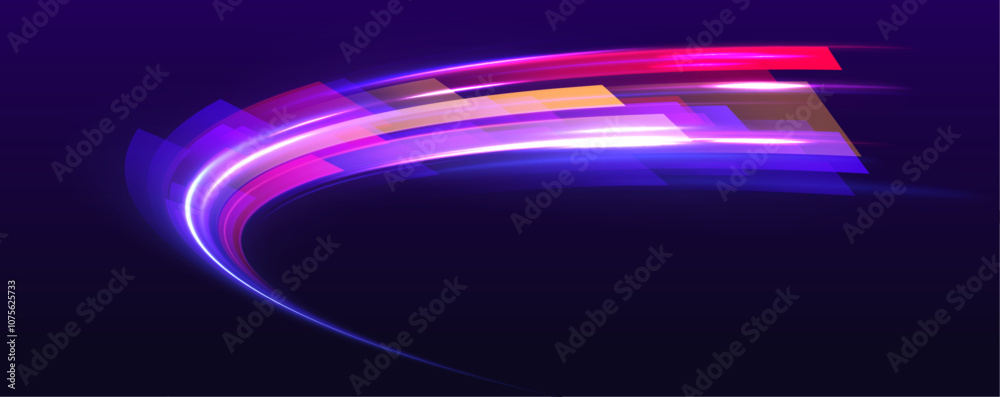 Poster Neon lights and circles move quickly against a dark background. Vector speed of light in space on dark background. Beautiful glow light flare and spark. 