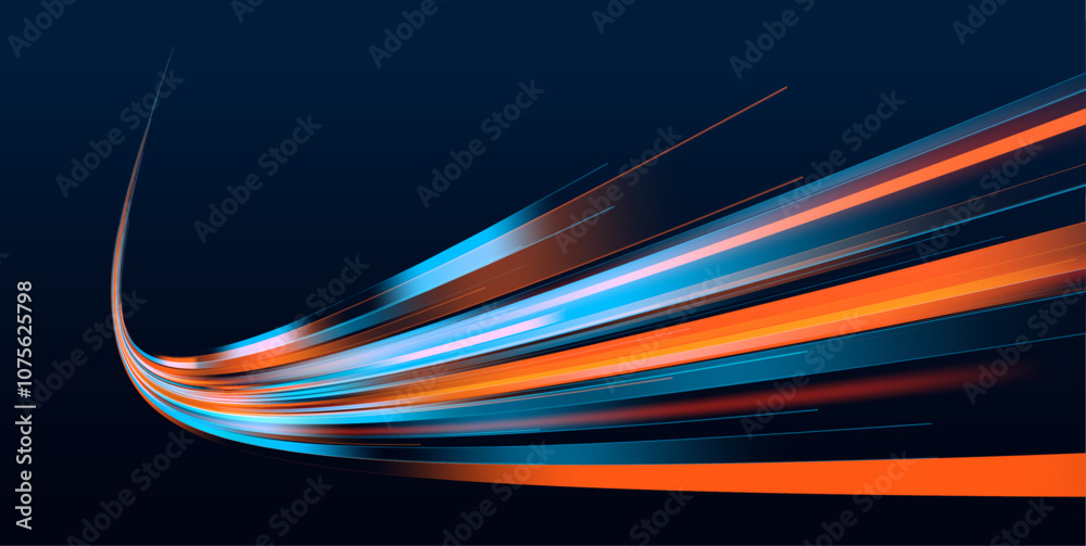Poster Neon lights and circles move quickly against a dark background. Vector speed of light in space on dark background. Beautiful glow light flare and spark. 
