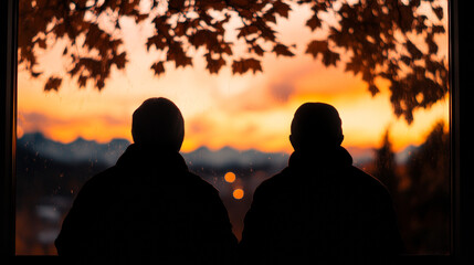 Fototapeta premium Two people silhouetted against a fiery sunset, watching the world go by.