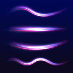  beams, horizontal light rays. Big set of neon speeds in the form of a road of different light colors. Neon swirls with light effect in the form of a spiral. 