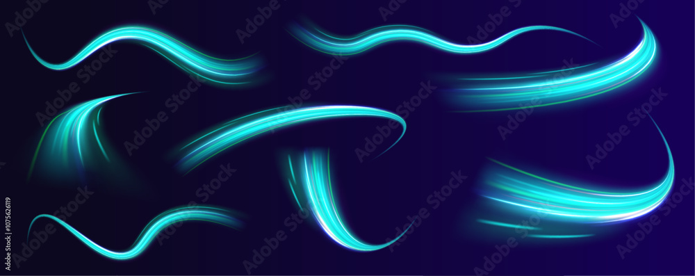 Poster A large set of low-poly designs made of thin lines in the form of branches, spirals and arcs. Green speed line wavy shape on dark background. High speed green waves for eco-design.