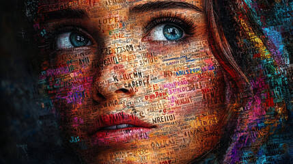 very beautiful girls with animation, silhouettes of faces with shadow, with letters