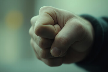 A close-up of a hand clenched tightly in a fist, knuckles white with tension, Simple, clean background with minimal details, soft lighting focused on the hand