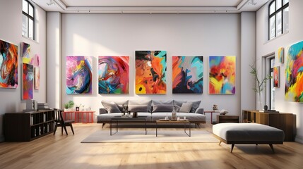 Modern living room interior with vibrant abstract art gallery on wall,