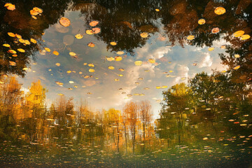 Obraz premium Autumn Leaves Floating on Reflective Water Surface