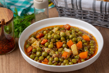 Traditional delicious Turkish food; Peas with minced meat (Turkish name; Kiymali bezelye yemegi)