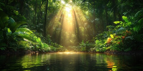 Obraz premium Sunlight beams through dense jungle foliage, illuminating a calm creek.