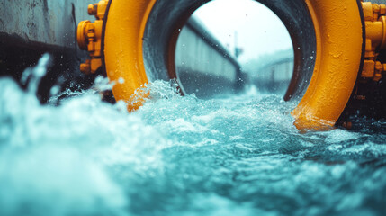 Water rushes through a yellow pipe, creating a foamy spray.