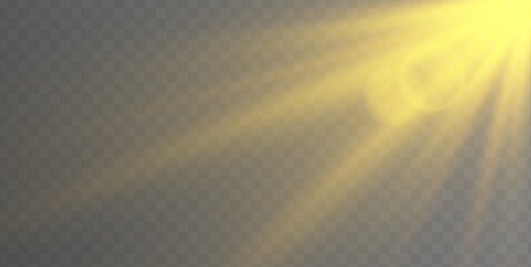 Vector golden light with glare. Blurred overlay effect for photo and mockups. Realistic yellow glowing light explodes on transparent background. Sunlight with gold rays. 