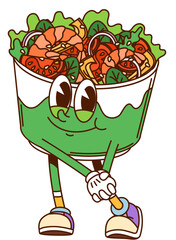 Cartoon groovy salad bowl fast food character. Isolated vector playful disposable cup filled with vibrant Ingredients like fresh vegetables, lettuce, tomatoes and onions and shrimp creating fun promo