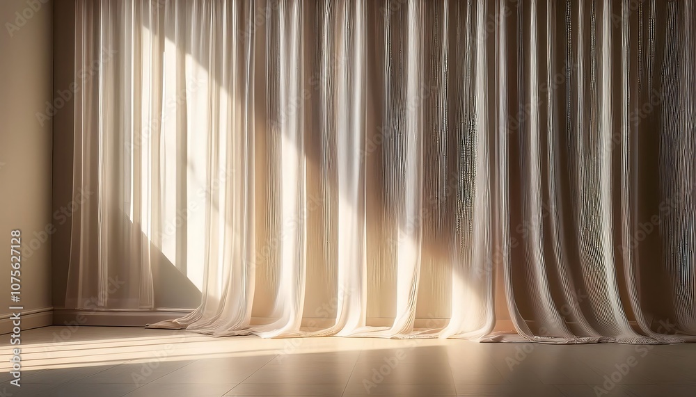 Poster  Light filters through sheer curtains, casting subtle shadows on a textured wall in an empty_1(1405)