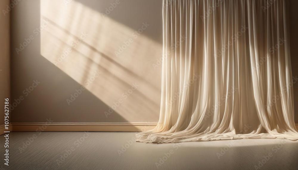 Aufkleber  Light filters through sheer curtains, casting subtle shadows on a textured wall in an empty_1(1406)