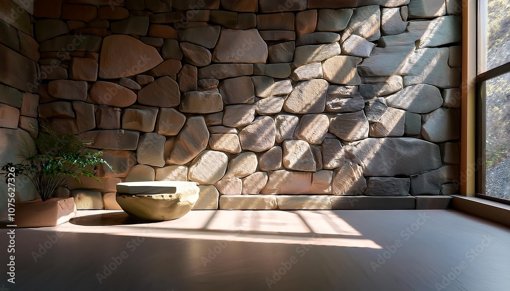Poster light filters through a rough stone wall, casting geometric patterns on a minimalist room w_1(1401)