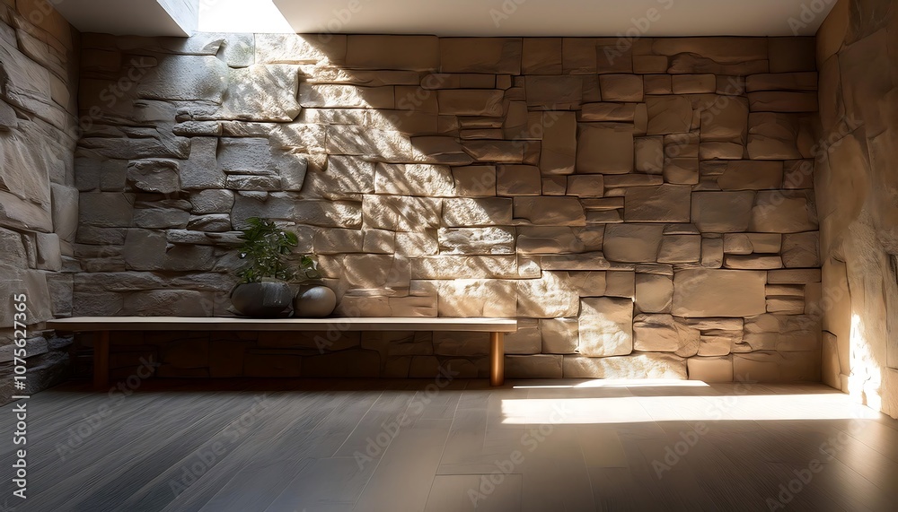 Poster light filters through a rough stone wall, casting geometric patterns on a minimalist room w_1(1402)