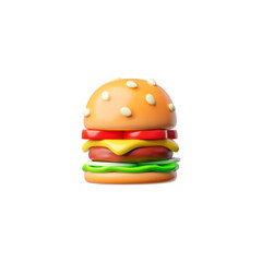 Vector 3d illustration of burger with cutlet, cheese and tomatoes and white bun with sesame seeds.