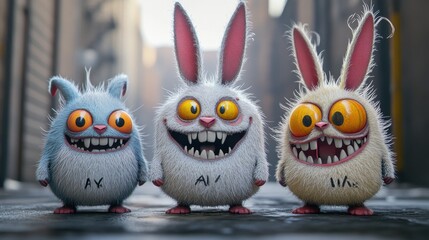 Fototapeta premium Three quirky, cartoonish creatures with exaggerated features and vibrant colors, exuding a playful atmosphere.