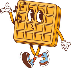 Groovy belgian waffle character. Street cafe or breakfast dessert food funny cartoon personage, restaurant menu pastry or sweet meal cute groovy character. Belgian waffle mascot walking and signing